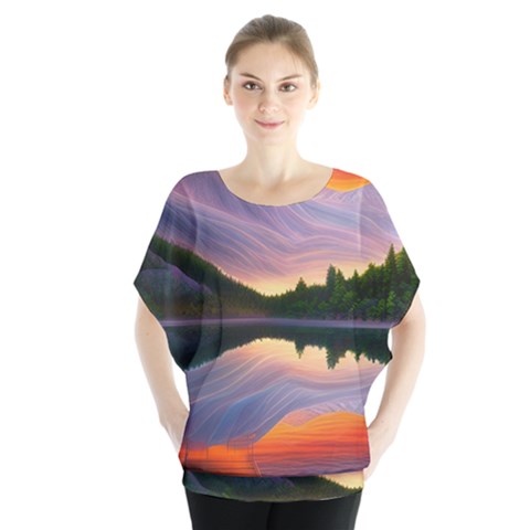 Flaming Sunset Batwing Chiffon Blouse by GardenOfOphir