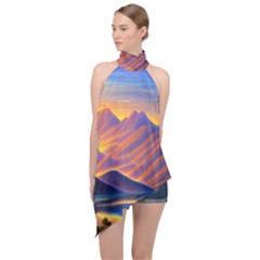 Great Sunset Halter Asymmetric Satin Top by GardenOfOphir