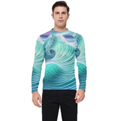 Pink Sky Blue Ocean Waves Men s Long Sleeve Rash Guard by GardenOfOphir