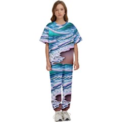 Shore Blue Ocean Waves Kids  Tee And Pants Sports Set by GardenOfOphir