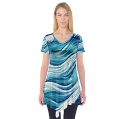 Abstract Blue Ocean Waves Short Sleeve Tunic  by GardenOfOphir