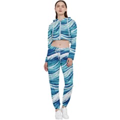 Abstract Blue Ocean Waves Cropped Zip Up Lounge Set by GardenOfOphir