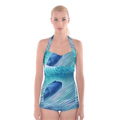 Summer Ocean Waves Boyleg Halter Swimsuit  by GardenOfOphir