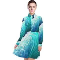 Abstract Waves In Blue And Green Long Sleeve Chiffon Shirt Dress by GardenOfOphir