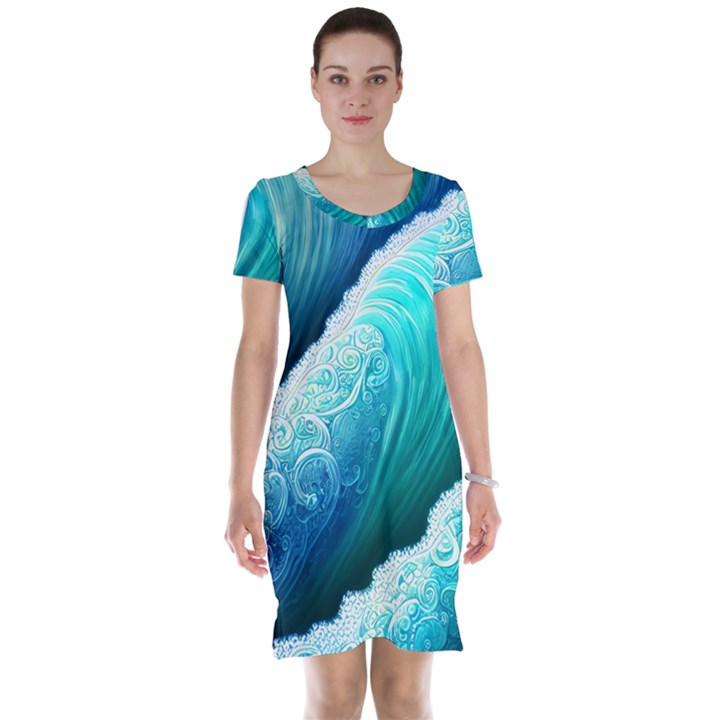 Abstract Waves In Blue And Green Short Sleeve Nightdress