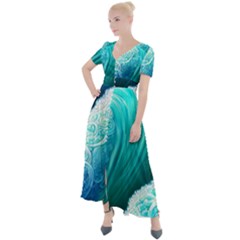 Abstract Waves In Blue And Green Button Up Short Sleeve Maxi Dress by GardenOfOphir