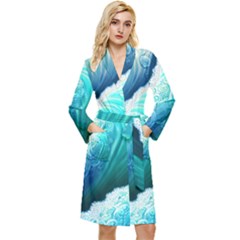 Abstract Waves In Blue And Green Long Sleeve Velvet Robe by GardenOfOphir