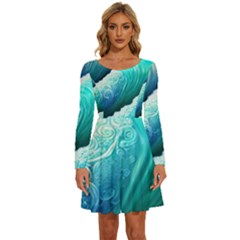 Abstract Waves In Blue And Green Long Sleeve Wide Neck Velvet Dress by GardenOfOphir