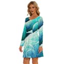 Abstract Waves In Blue And Green Long Sleeve Wide Neck Velvet Dress View2