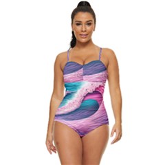 Pink Waves On The Beach Ii Retro Full Coverage Swimsuit by GardenOfOphir