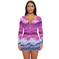 Abstract Pink Ocean Waves Long Sleeve Boyleg Swimsuit by GardenOfOphir