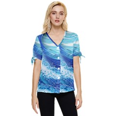 Water Waves Bow Sleeve Button Up Top by GardenOfOphir