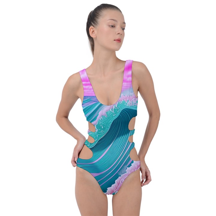 Pink Ocean Waves Side Cut Out Swimsuit