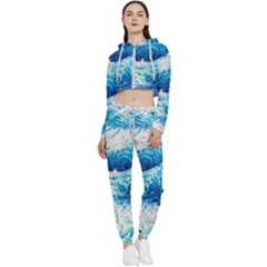 Abstract Blue Ocean Wave Ii Cropped Zip Up Lounge Set by GardenOfOphir