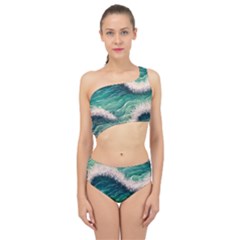 Blue Wave Pattern Spliced Up Two Piece Swimsuit by GardenOfOphir