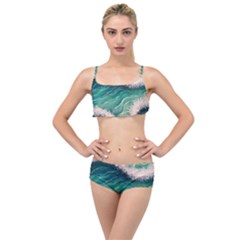 Blue Wave Pattern Layered Top Bikini Set by GardenOfOphir