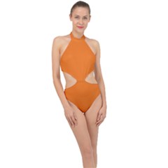 Carrot Orange	 - 	halter Side Cut Swimsuit by ColorfulSwimWear