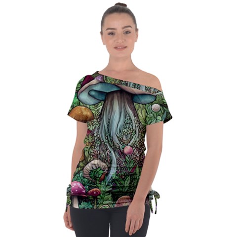 Craft Mushroom Off Shoulder Tie-up Tee by GardenOfOphir