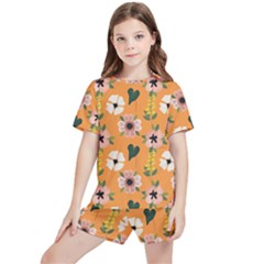 Flower Orange Pattern Floral Kids  Tee And Sports Shorts Set by Dutashop