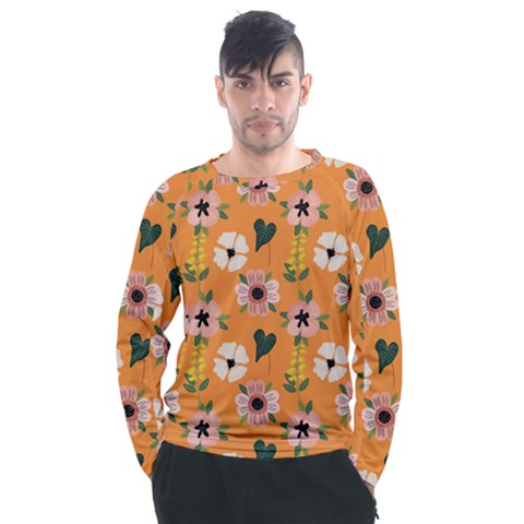 Flower Orange Pattern Floral Men s Long Sleeve Raglan Tee by Dutashop