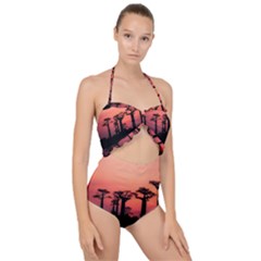 Baobabs Trees Silhouette Landscape Sunset Dusk Scallop Top Cut Out Swimsuit by Jancukart