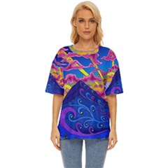 Psychedelic Colorful Lines Nature Mountain Trees Snowy Peak Moon Sun Rays Hill Road Artwork Stars Sk Oversized Basic Tee by Jancukart