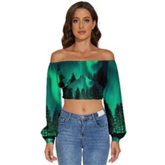 Aurora Northern Lights Phenomenon Atmosphere Sky Long Sleeve Crinkled Weave Crop Top by Jancukart