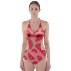 Watermelon Red Food Fruit Healthy Summer Fresh Cut-out One Piece Swimsuit by Wegoenart