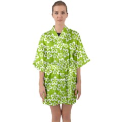 Lime Green Flowers Pattern Half Sleeve Satin Kimono  by GardenOfOphir