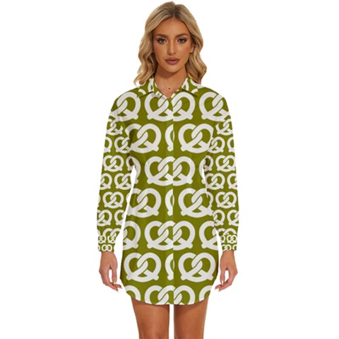 Olive Pretzel Illustrations Pattern Womens Long Sleeve Shirt Dress by GardenOfOphir