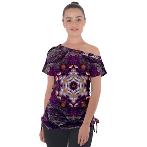 Rosette Kaleidoscope Mosaic Abstract Background Art Off Shoulder Tie-up Tee by Jancukart