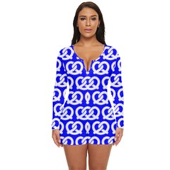 Blue Pretzel Illustrations Pattern Long Sleeve Boyleg Swimsuit by GardenOfOphir