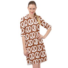 Brown Pretzel Illustrations Pattern Long Sleeve Mini Shirt Dress by GardenOfOphir