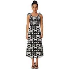 Black And White Owl Pattern Tie-strap Tiered Midi Chiffon Dress by GardenOfOphir