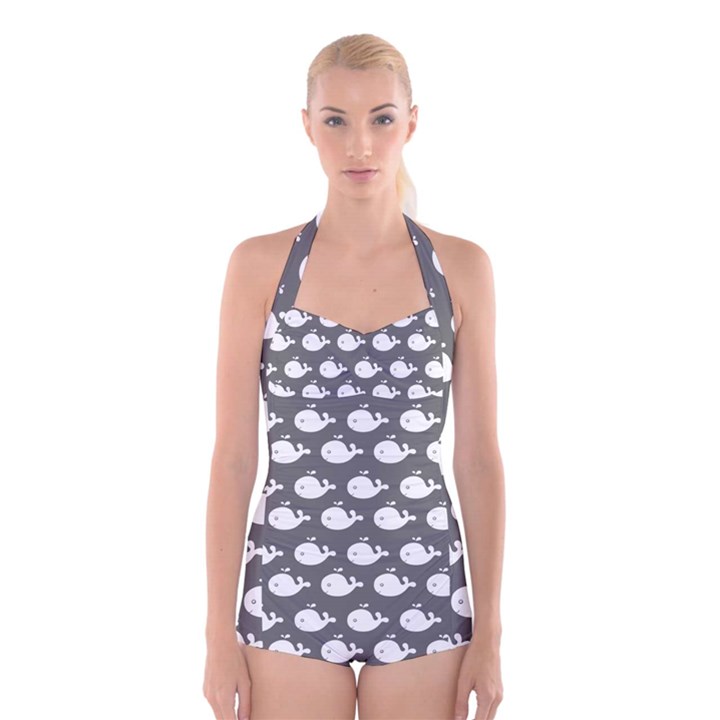 Cute Whale Illustration Pattern Boyleg Halter Swimsuit 