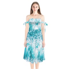 Tropical Blue Ocean Wave Shoulder Tie Bardot Midi Dress by Jack14