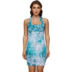 Tropical Blue Ocean Wave Sleeveless Wide Square Neckline Ruched Bodycon Dress by Jack14