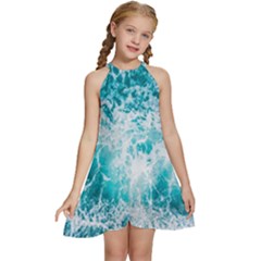 Tropical Blue Ocean Wave Kids  Halter Collar Waist Tie Chiffon Dress by Jack14