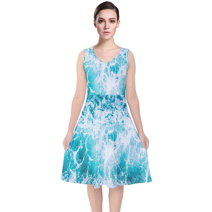 Tropical Blue Ocean Wave V-Neck Midi Sleeveless Dress 