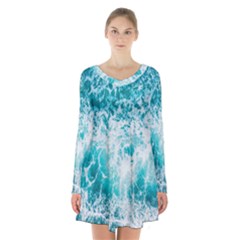 Tropical Blue Ocean Wave Long Sleeve Velvet V-neck Dress by Jack14