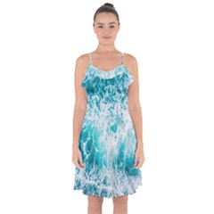 Tropical Blue Ocean Wave Ruffle Detail Chiffon Dress by Jack14