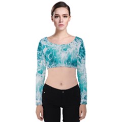 Tropical Blue Ocean Wave Velvet Long Sleeve Crop Top by Jack14