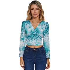 Tropical Blue Ocean Wave Long Sleeve V-neck Top by Jack14