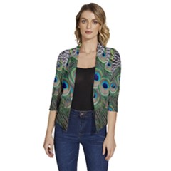 Peacock Bird Feather Colourful Women s Draped Front 3/4 Sleeve Shawl Collar Jacket by Jancukart