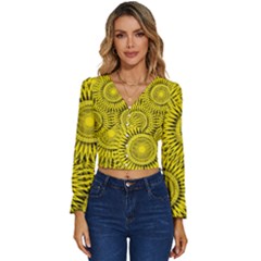 Abstract Sun Pattern Yellow Background Long Sleeve V-neck Top by Jancukart