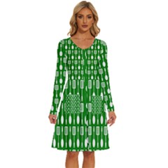 Green And White Kitchen Utensils Pattern Long Sleeve Dress With Pocket by GardenOfOphir