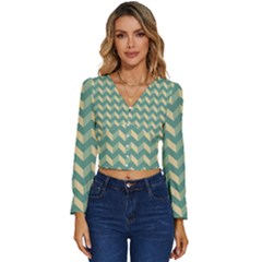 Modern Retro Chevron Patchwork Pattern Long Sleeve V-neck Top by GardenOfOphir