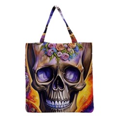 Skull With Flowers - Day Of The Dead Grocery Tote Bag by GardenOfOphir