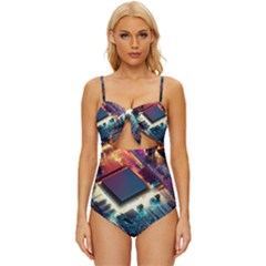 Ai Generated Motherboard City Technology Tech Cpu Knot Front One-piece Swimsuit by Jancukart