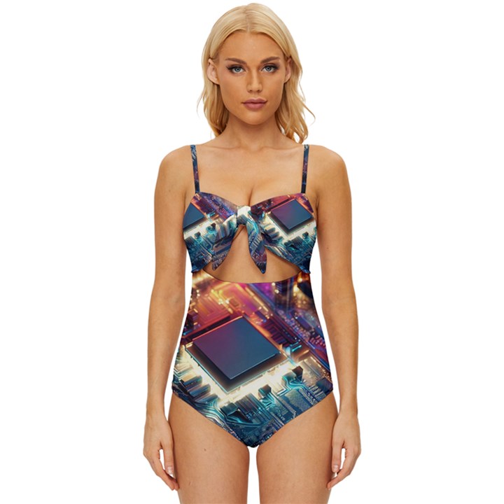 Ai Generated Motherboard City Technology Tech Cpu Knot Front One-Piece Swimsuit